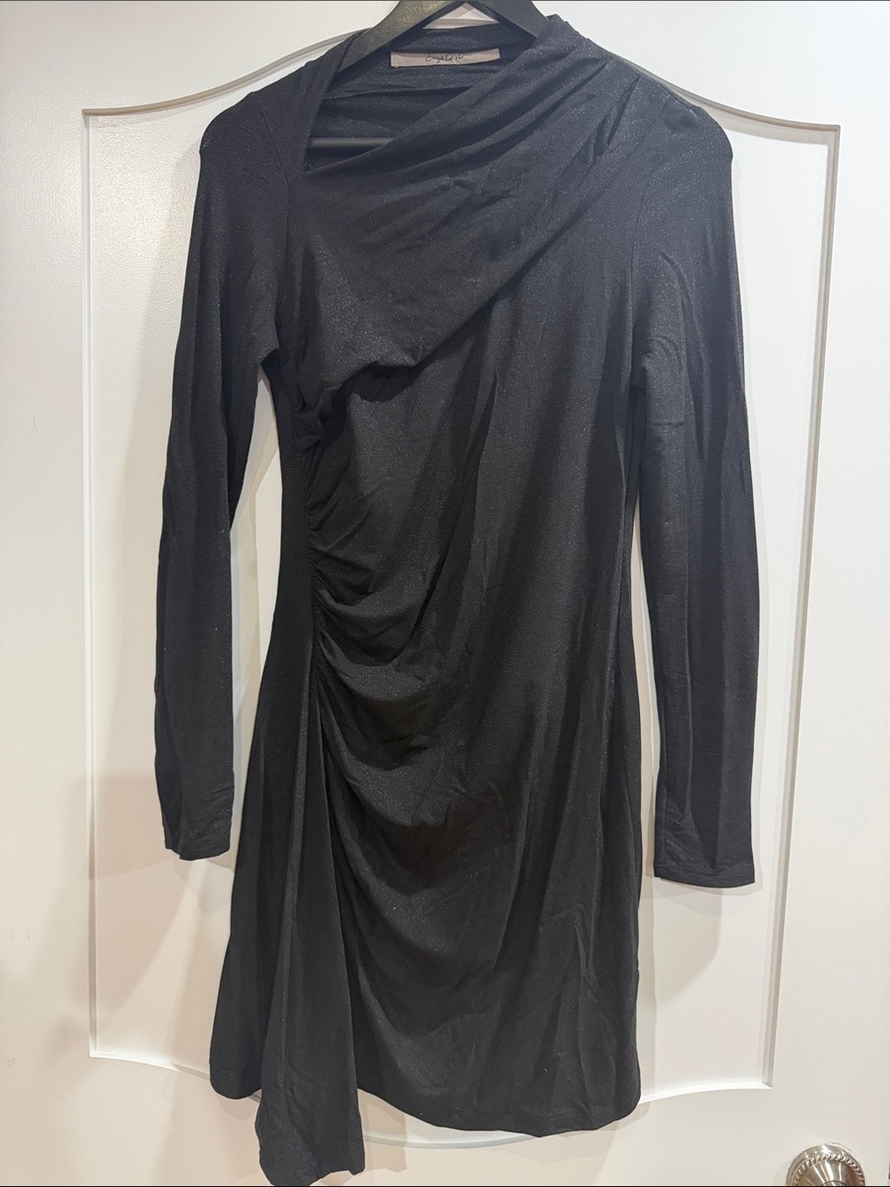 Black Draped Long-Sleeve Dress with Asymmetric Neckline